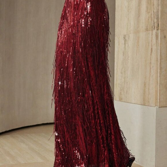 Red Elegant Women's Sequin Fringe Mermaid Evening Skirt - Picture 6 of 7